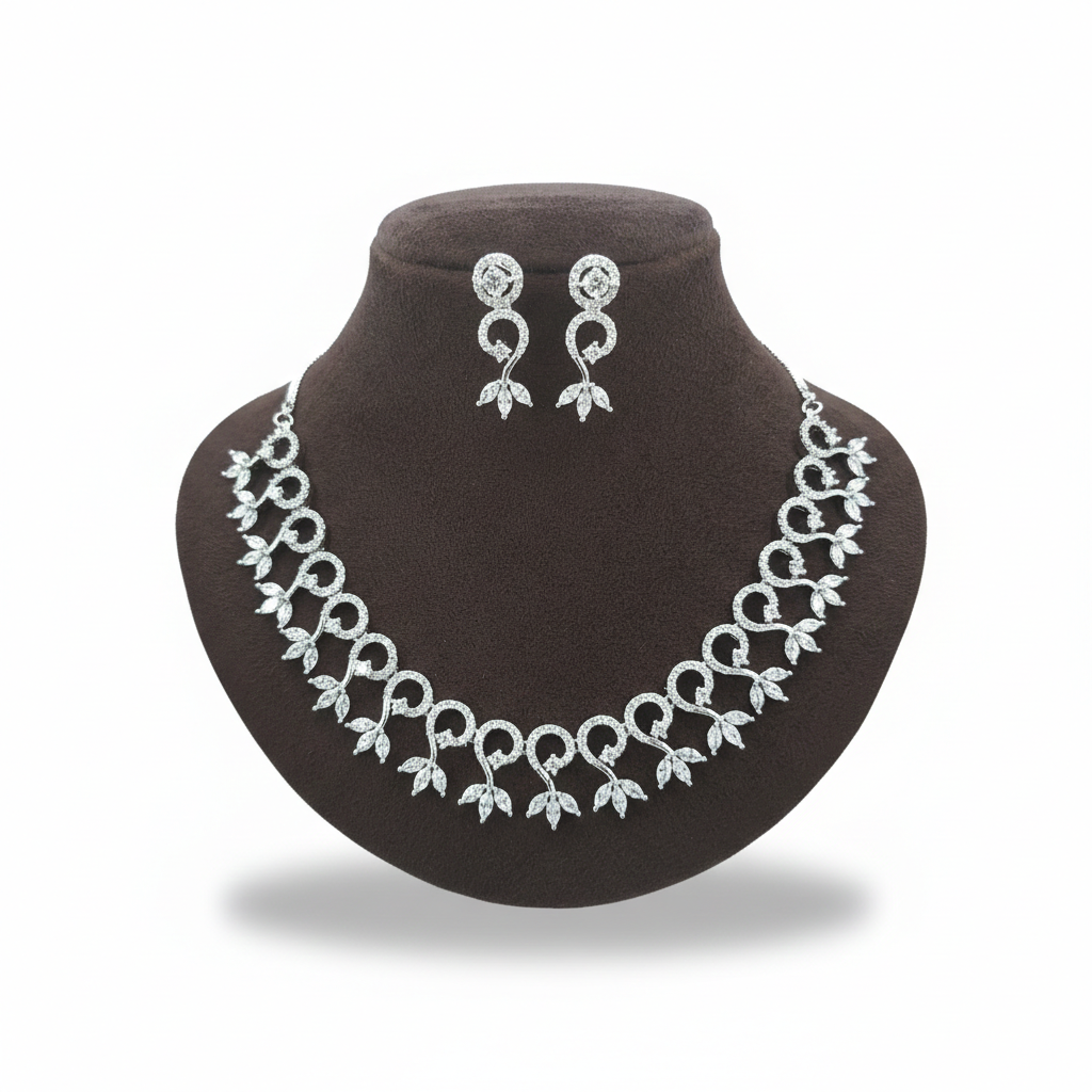 "Divine Filigree" White American Diamond Set - Silver Plated | طقم عقد زركون أبيض وفضي