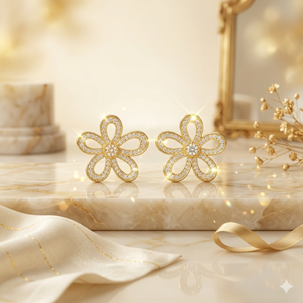 Gold Floral Zircon Stud Earrings for Women | أقراط وردة ذهبية مرصعة بالزركون للنساء