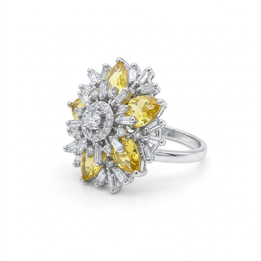 Yellow Crystal Floral Statement Ring for Women | خاتم أصفر فاخر بتصميم زهري للنساء