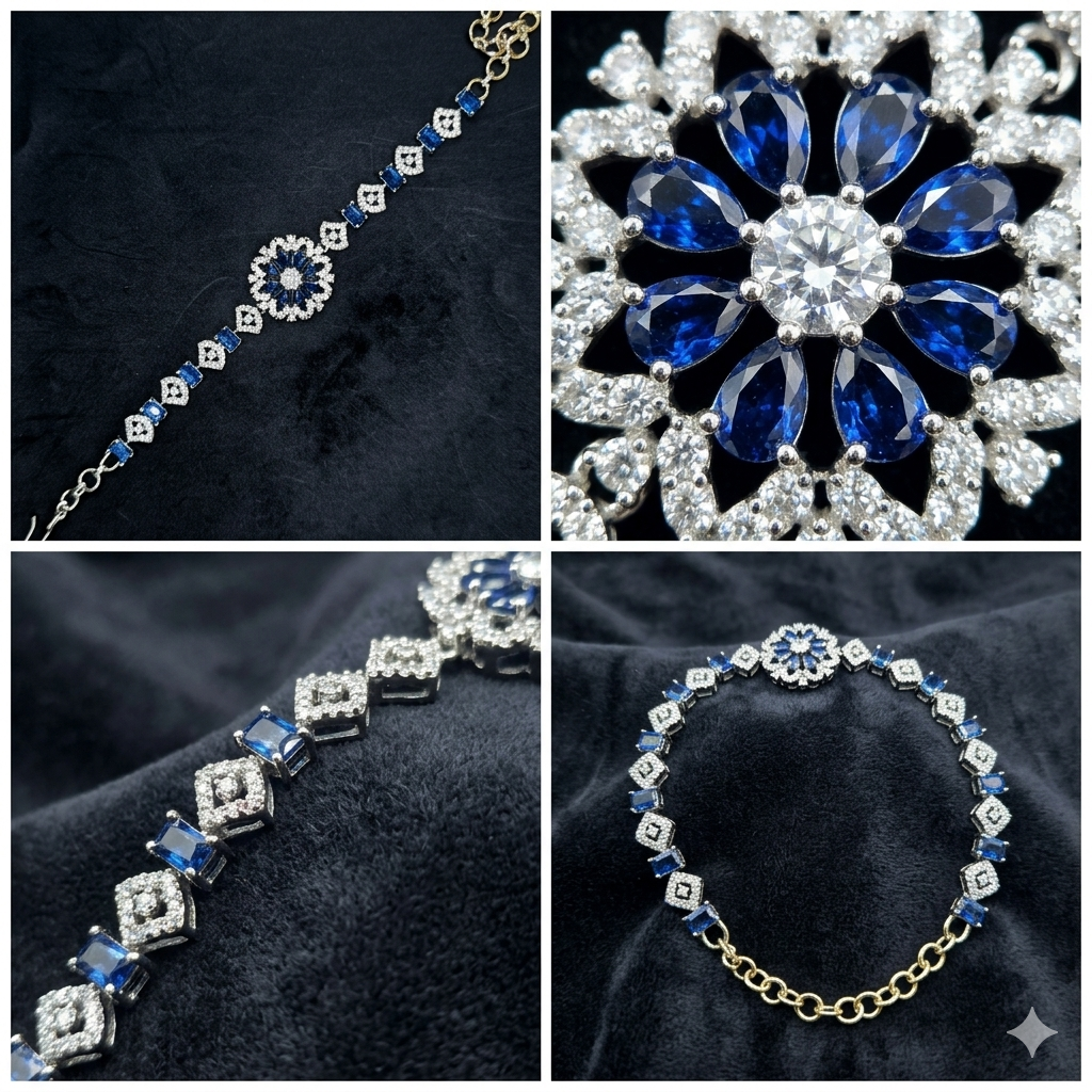 Blue Floral Silver-Tone Bracelet | سوار فضي بتصميم زهري وأحجار زرقاء