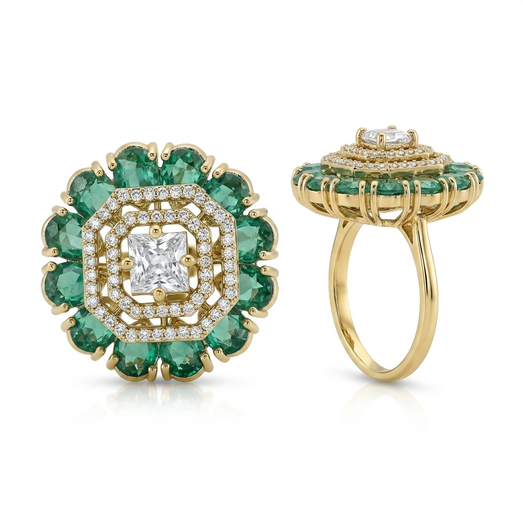 Emerald Halo Statement Ring for Women | خاتم زمردي فاخر بتصميم هالة للنساء
