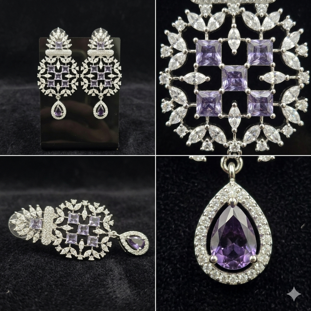 Royal Purple Amethyst Chandelier Drop Earrings – Luxury CZ Silver Danglers | أقراط بنفسجية فاخرة