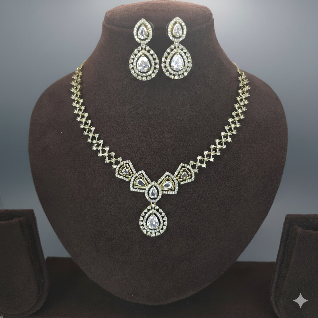 "Timeless Droplet"  American Diamond Necklace Set | طقم عقد زركون ذهبي أنيق