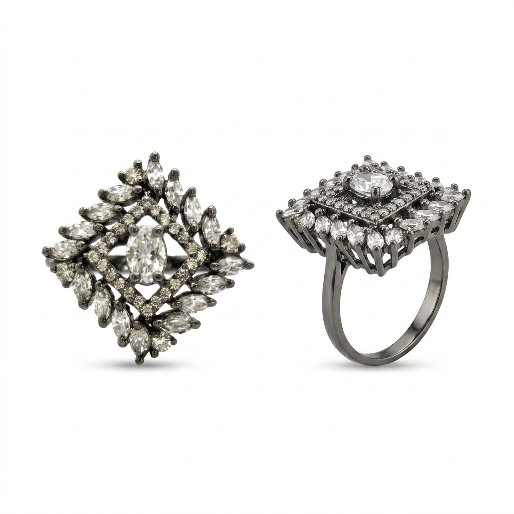 Black Oxidized Crystal Statement Ring for Women | خاتم مؤكسد أسود مرصع بالكريستال