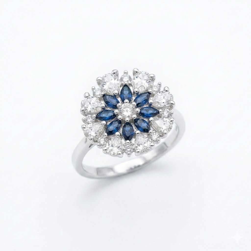 Silver Blue Floral Statement Ring for Women | خاتم فضي فاخر بحجر أزرق
