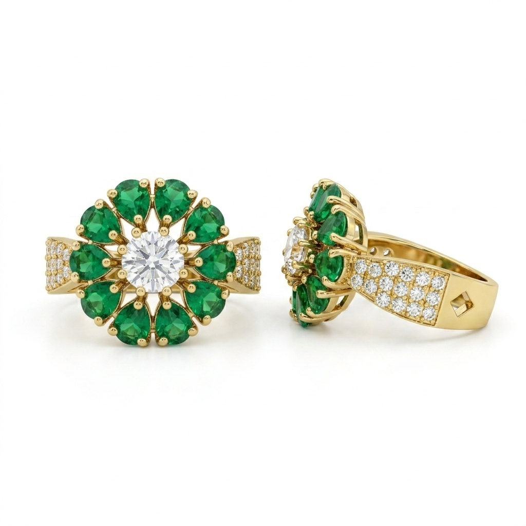 Emerald Floral Statement Ring for Women | خاتم زهري أخضر فاخر للنساء