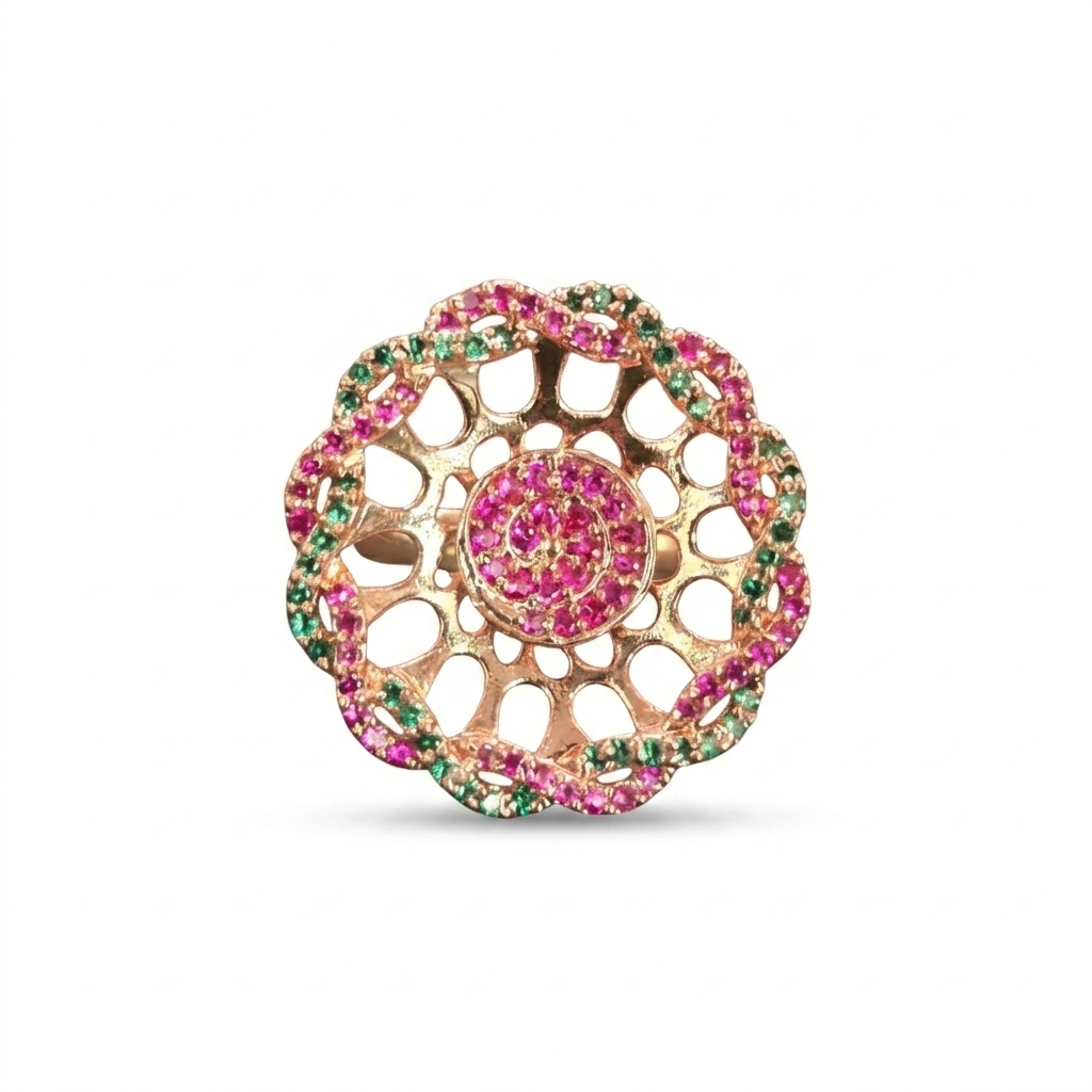 Rose Gold Pink & Green CZ Floral Statement Ring for Women | خاتم زهري فاخر بأحجار وردية وخضراء CZ للنساء