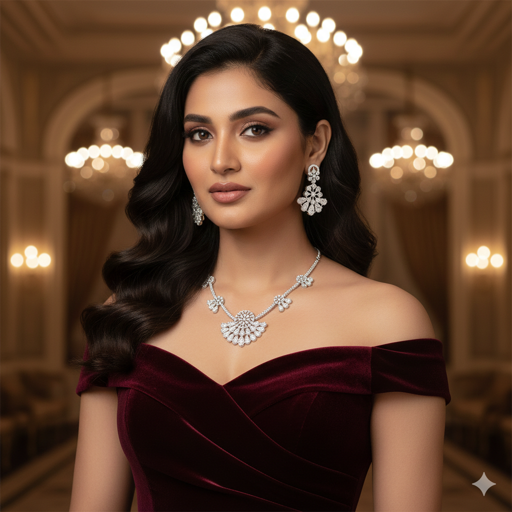 Elegant Crystal & Diamond Simulant Bridal Choker Set - Silver Plated