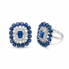 Silver Blue Sapphire CZ Halo Statement Ring for Women | خاتم فضي فاخر بحجر أزرق وتصميم هالة