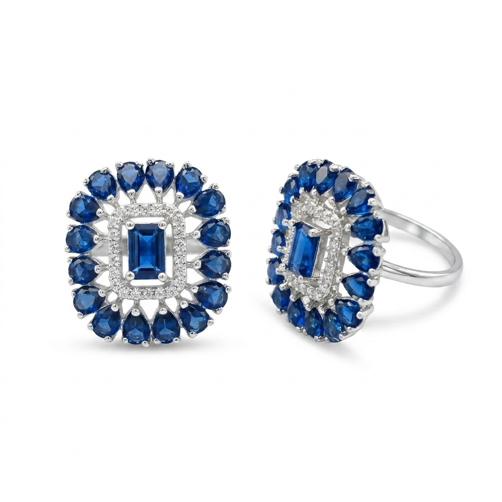 Silver Blue Sapphire CZ Halo Statement Ring for Women | خاتم فضي فاخر بحجر أزرق وتصميم هالة