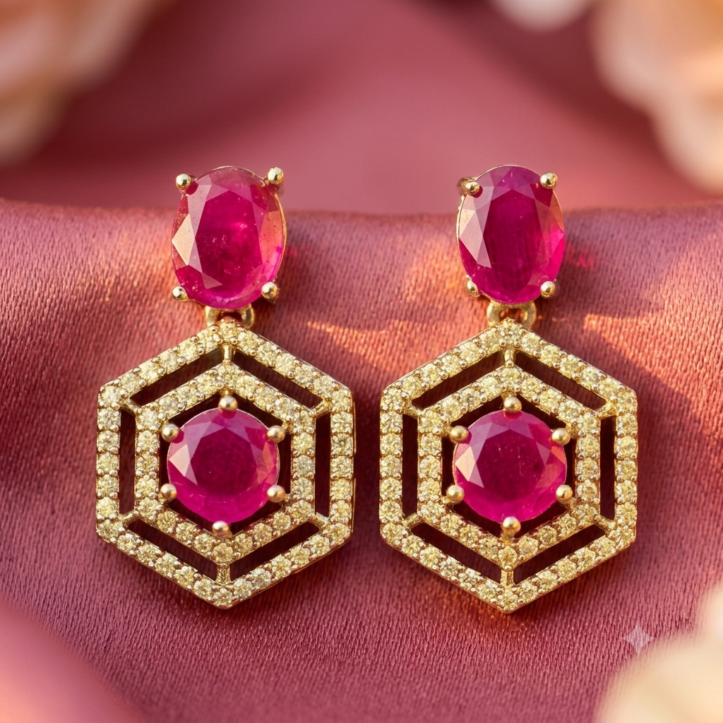 Manruya Hexagonal Ruby Drop Earrings - أقراط الياقوت السداسية