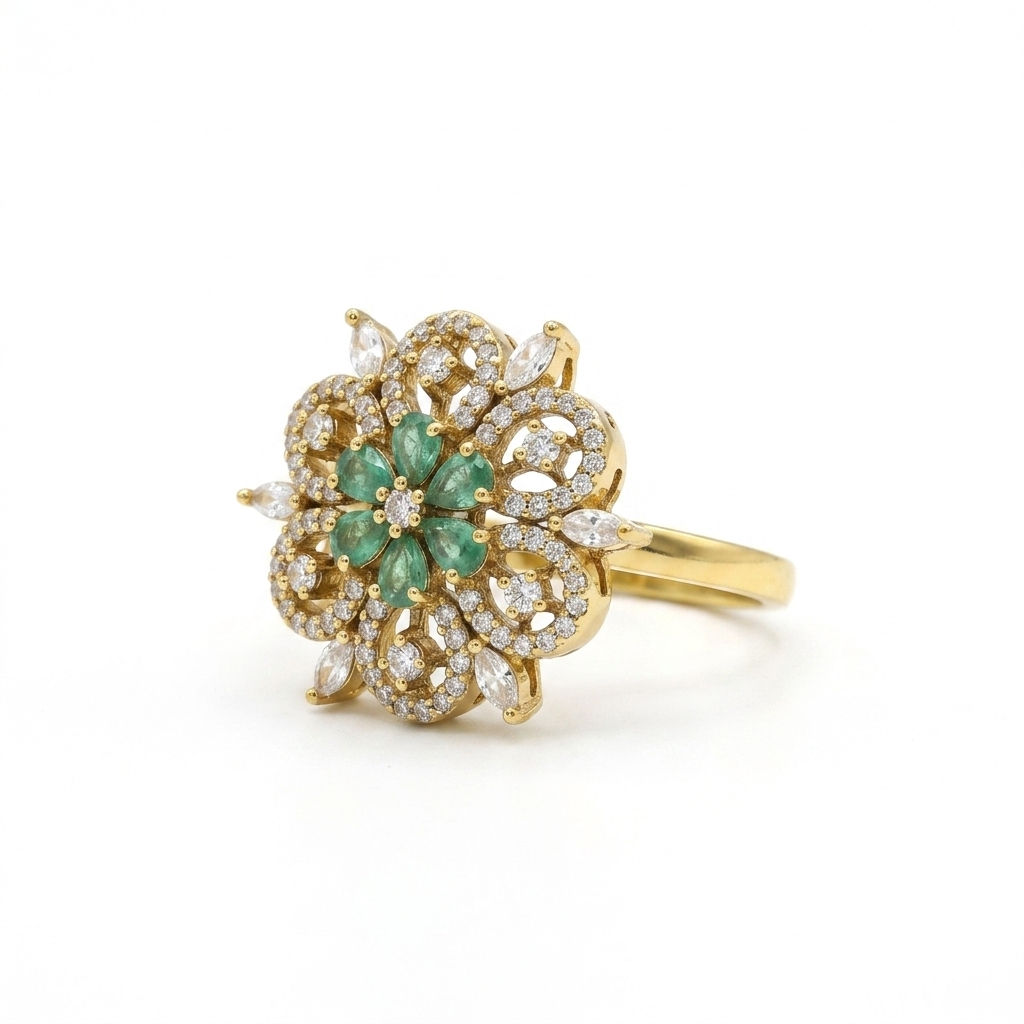 Emerald Floral Crystal Ring for Women | خاتم وردة زمردية فاخر للنساء