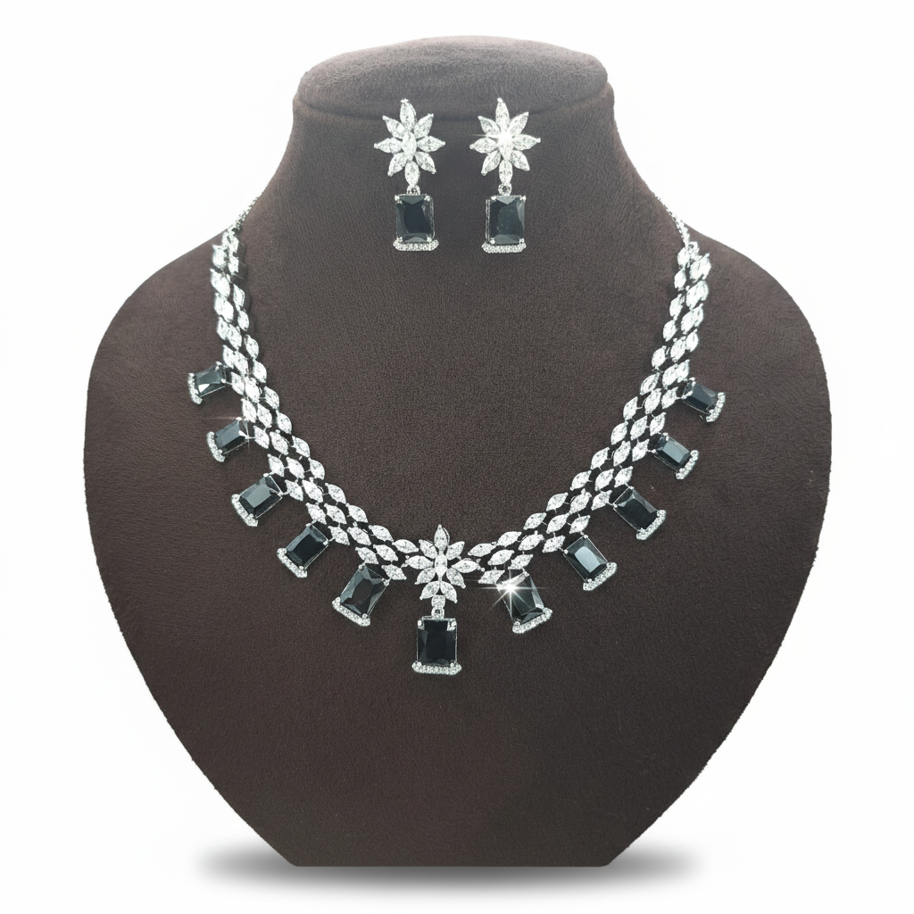 Midnight Majesty: Silver-Plated Cubic Zirconia Black & White Statement Jewelry Set