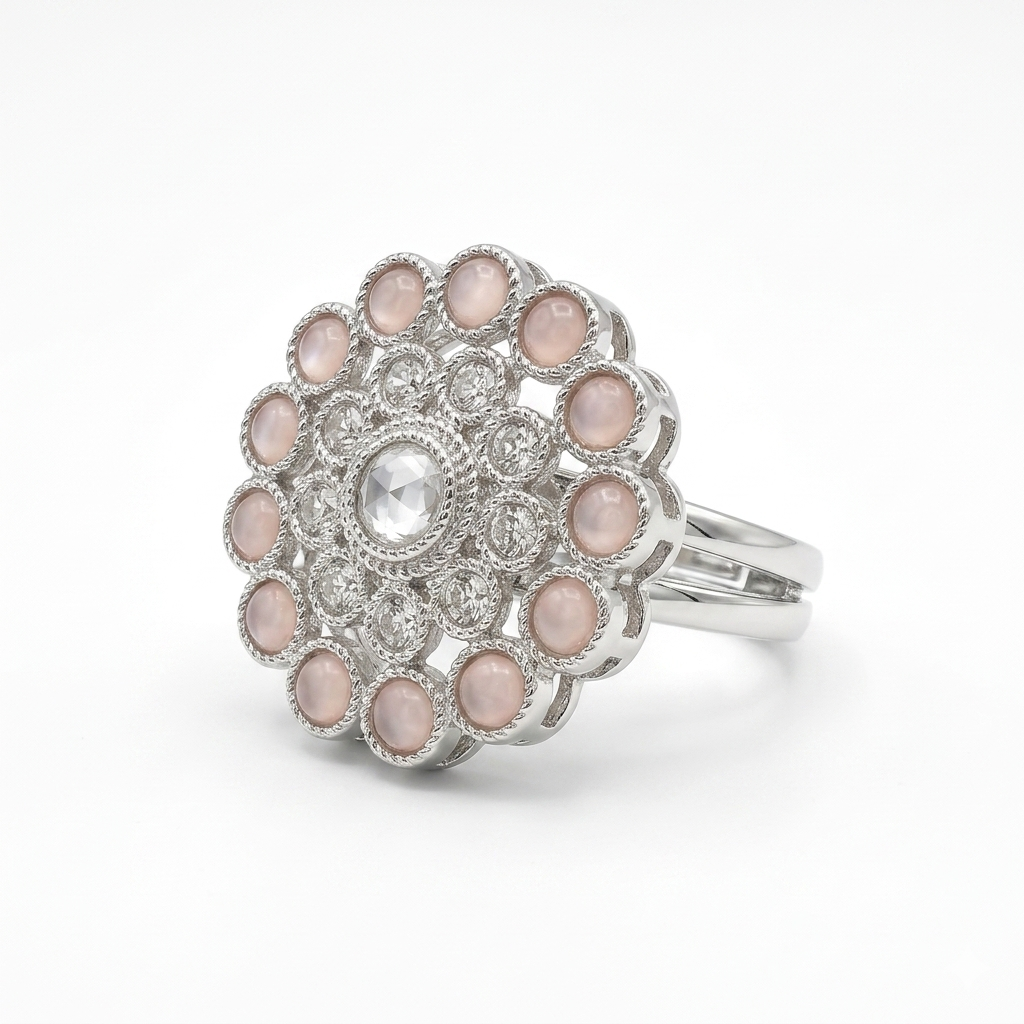 Manruya Rose Quartz Floral Statement Ring - خاتم كوكتيل منرويا فضي بحجر الروز كوارتز