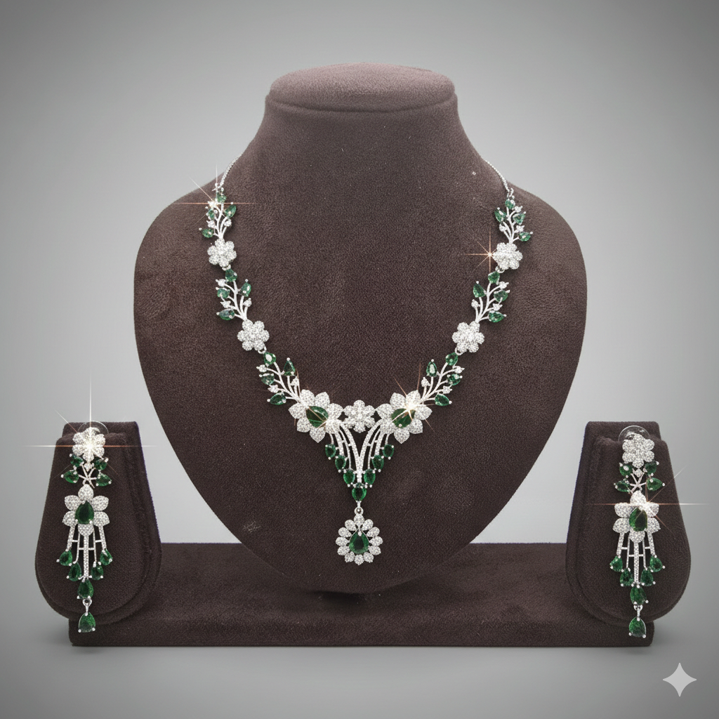 Royal Emerald Green American Diamond Bridal Necklace Set - طقم عقد زفاف فاخر مرصع بالألماس والزمرد الأخضر
