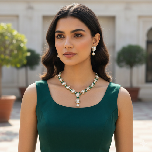 "Garden of Eden" Victorian-Plated Emerald & Pearl  Set | طقم عقد ذهبي زمرد ولؤلؤ