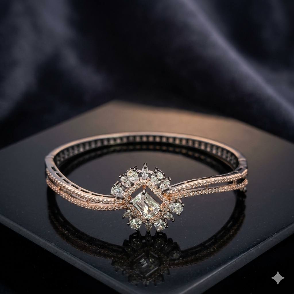 Luxury Rose Gold & Oxidized Sunburst CZ Bracelet | سوار الزركون الفاخر بتصميم الشمس بلون الروز جولد المؤكسد
