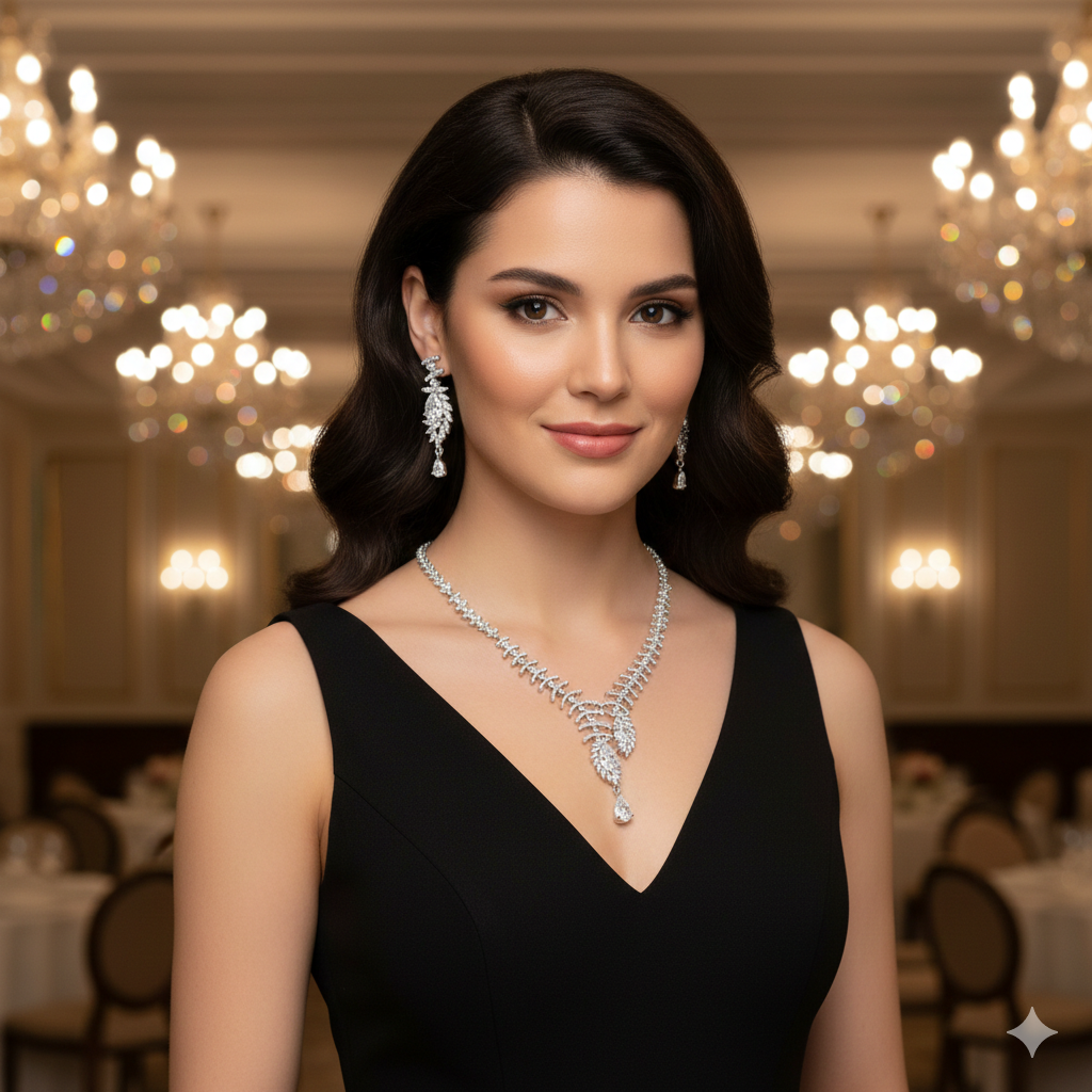 Sparkling Zirconia Bridal Necklace & Earring Set - Silver Plated