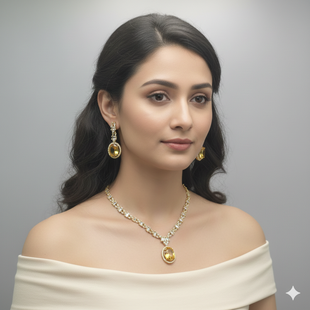 Royal Yellow American Diamond Bridal Necklace Set - طقم عقد زفاف فاخر مرصع بالألماس الأصف