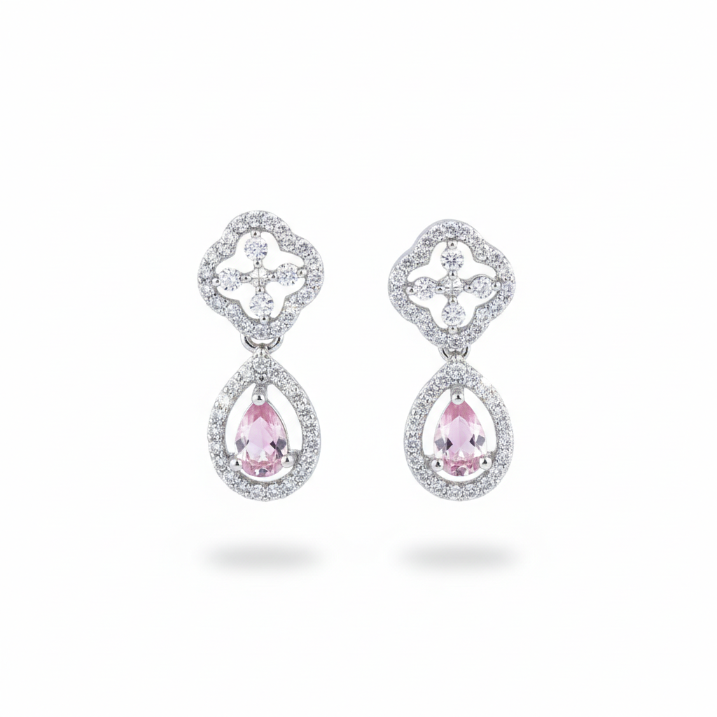 "Rose Quartz" Pastel Pink & Diamond Simulant Necklace Set | طقم عقد زركون وردي وفضي