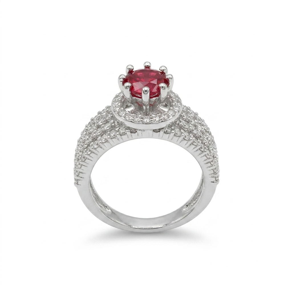 Silver Ruby Halo Ring for Women | خاتم فضي مرصع بحجر الياقوت الأحمر للنساء