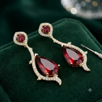 Manruya Premium Gold-Toned Ruby Red CZ Teardrop Earrings – Luxury Vine Drop Danglers | أقراط زركون حمراء متدلية