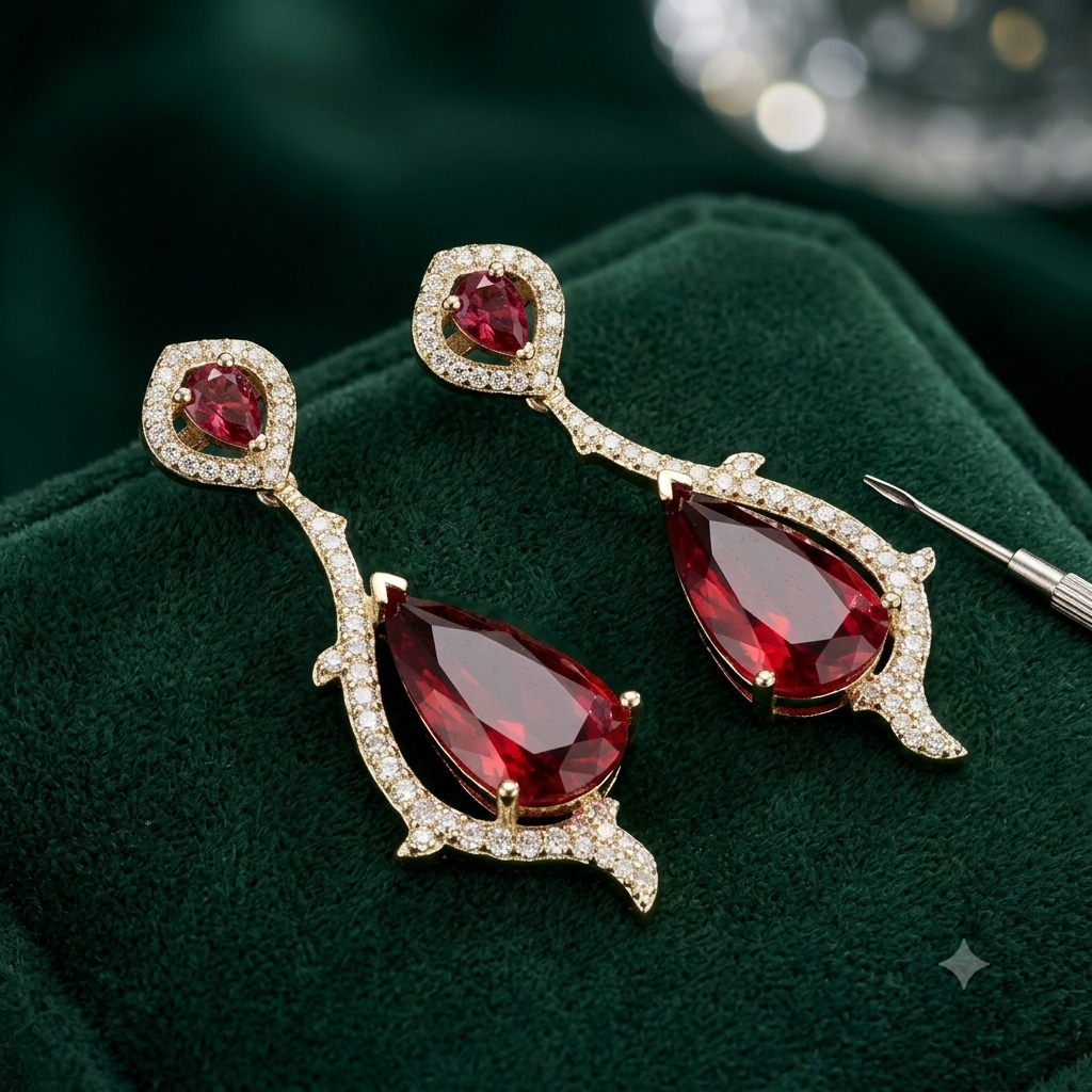 Manruya Premium Gold-Toned Ruby Red CZ Teardrop Earrings – Luxury Vine Drop Danglers | أقراط زركون حمراء متدلية