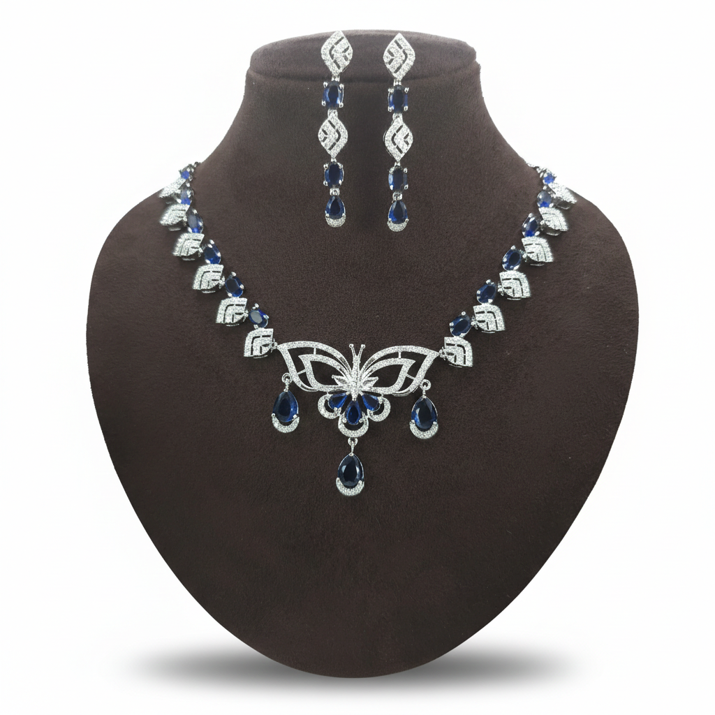 "Monarch" Blue Butterfly & Sapphire Simulant Necklace & Earrings Set | طقم مجوهرات الفراشة الأزرق