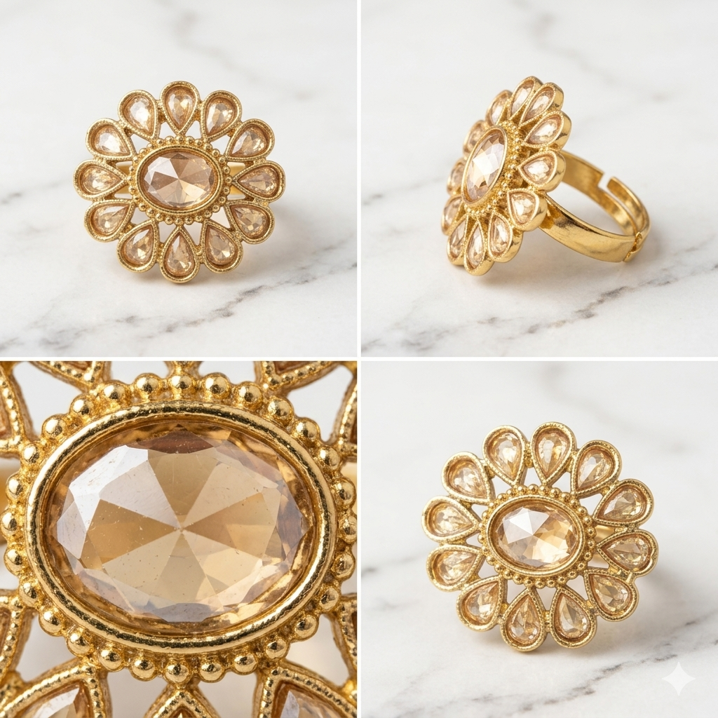 Manruya Traditional Kundan Floral Ring - خاتم كوكتيل منرويا بتصميم وردة الكوندان