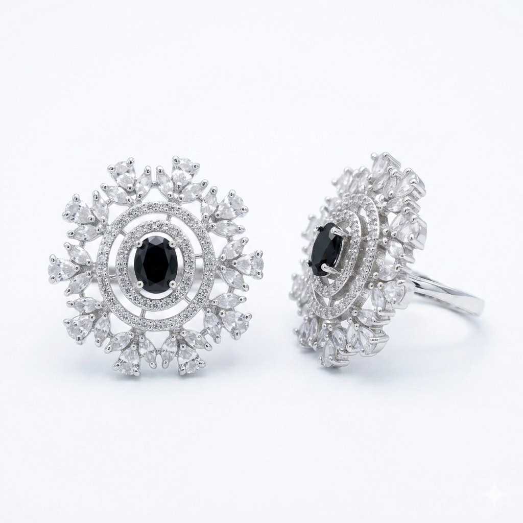 Black Crystal Floral Halo Statement Ring for Women | خاتم أسود فاخر بتصميم زهري للنساء