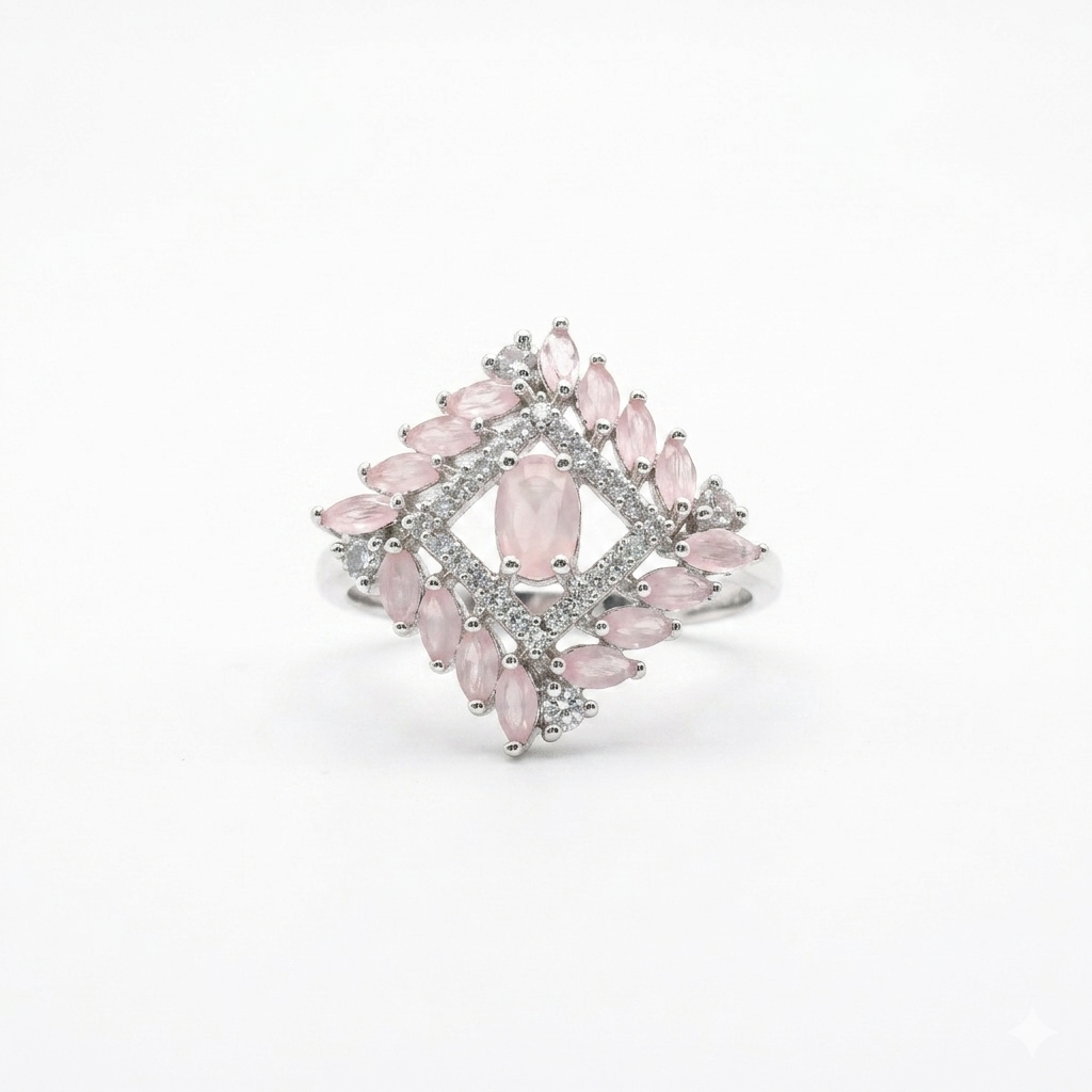 Silver Pink Stone Geometric Statement Ring for Women | خاتم فضي بحجر وردي بتصميم هندسي فاخر