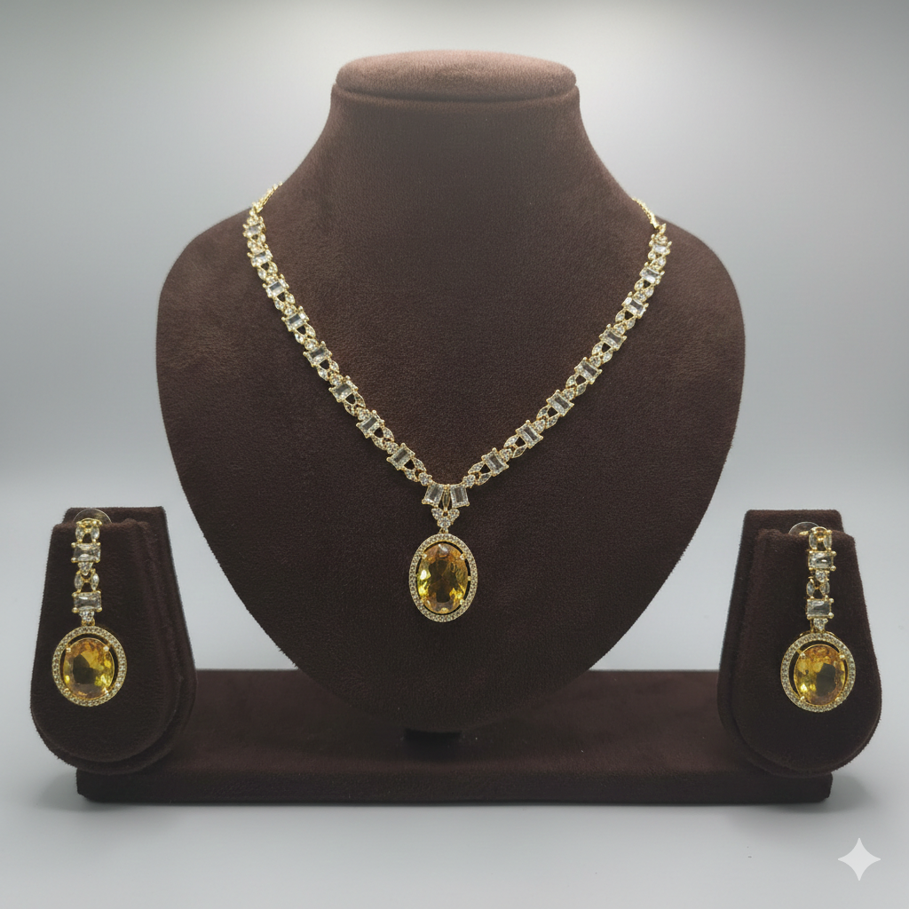 Royal Yellow American Diamond Bridal Necklace Set - طقم عقد زفاف فاخر مرصع بالألماس الأصف