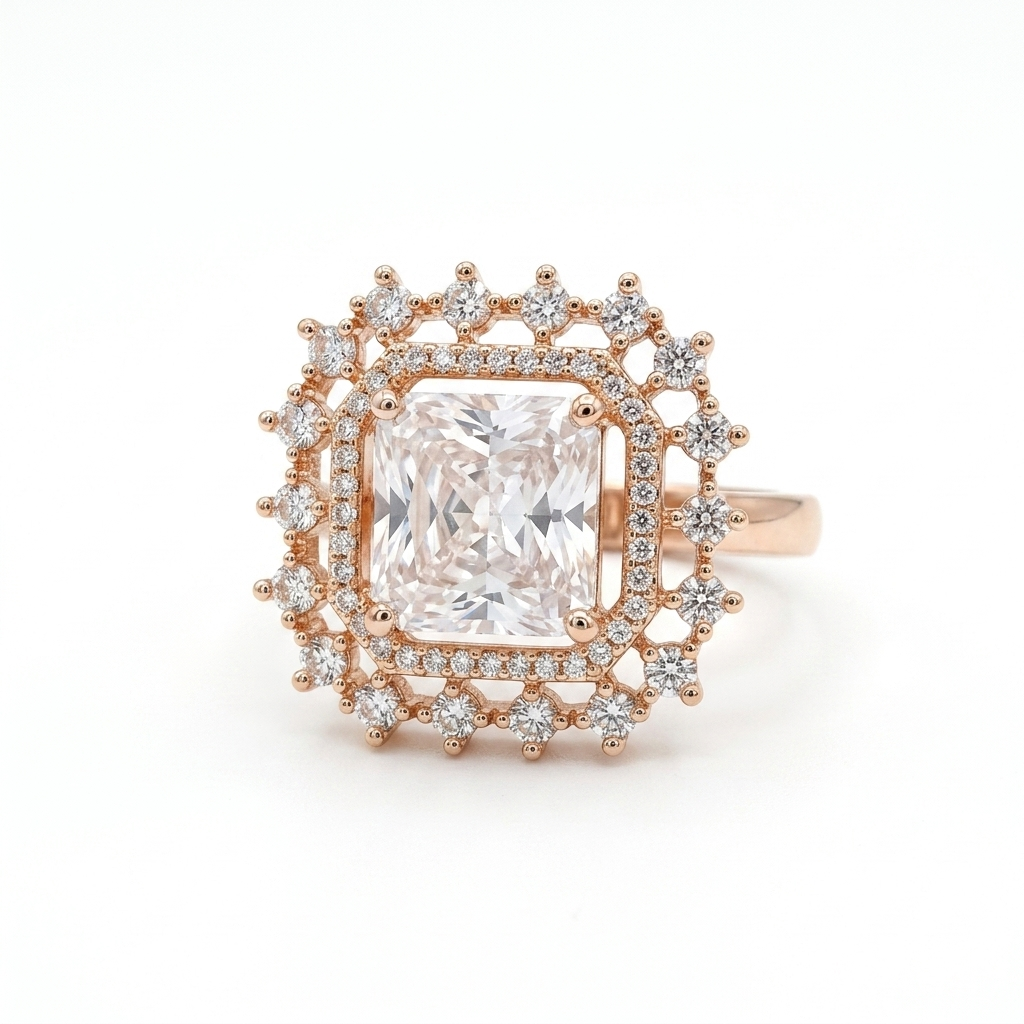 Rose Gold Radiant Crystal Statement Ring for Women | خاتم روز جولد فاخر بحجر كريستال لامع للنساء