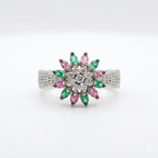 Silver Pink & Green Floral Ring for Women | خاتم فضي زهري وأخضر بتصميم الوردة للنساء