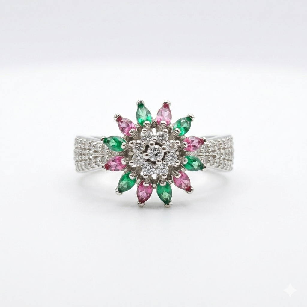 Silver Pink & Green Floral Ring for Women | خاتم فضي زهري وأخضر بتصميم الوردة للنساء