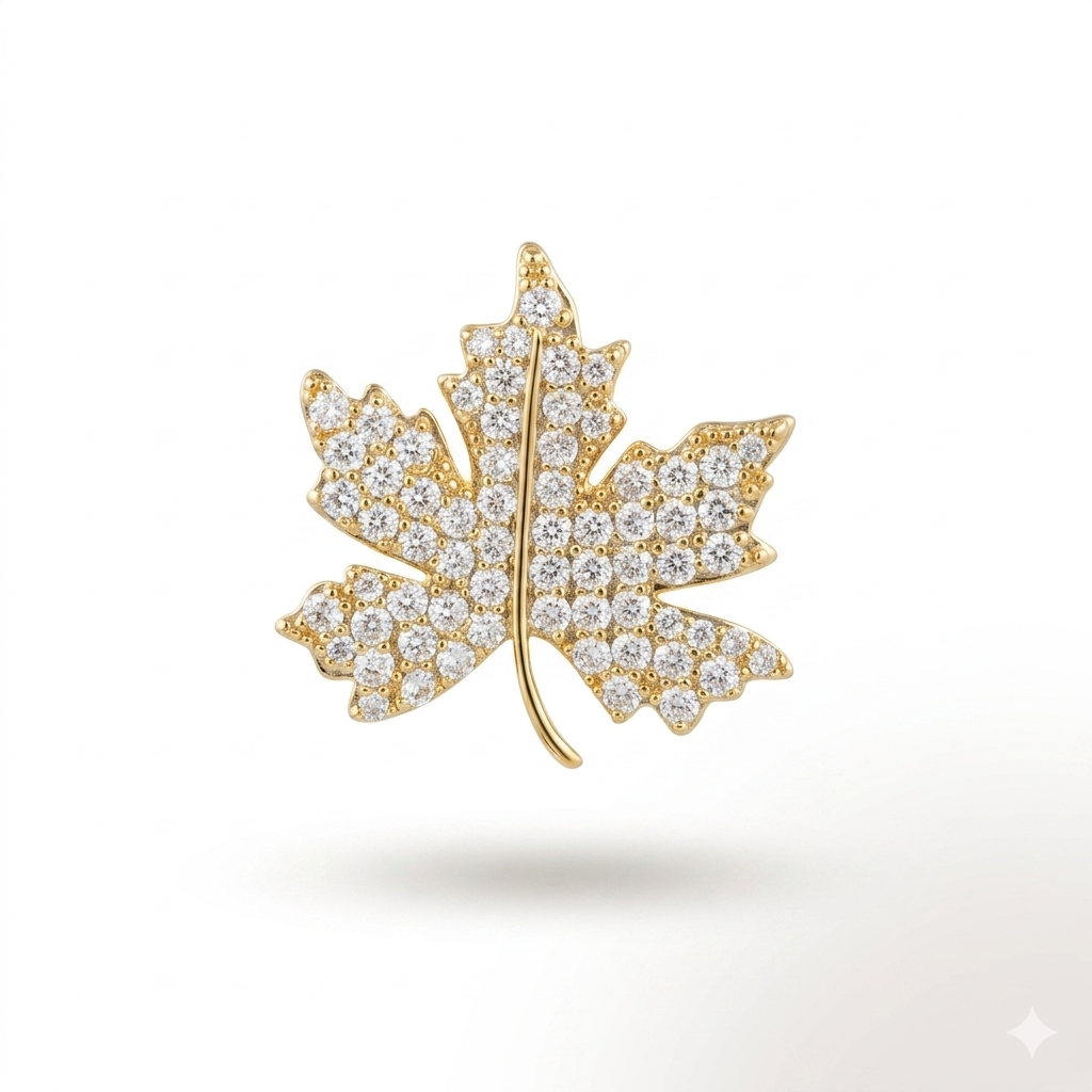 Luxury Leaf Crystal Hijab Brooch Gold Finish | بروش حجاب ورقة كريستال فاخر ذهبي
