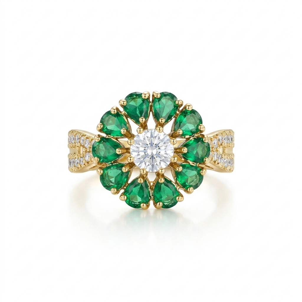 Emerald Floral Statement Ring for Women | خاتم زهري أخضر فاخر للنساء