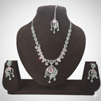 Royal Rose Pink American Diamond Bridal Necklace Set with Maang Tikka - طقم عقد زفاف فاخر مرصع بالألماس والياقوت الوردي