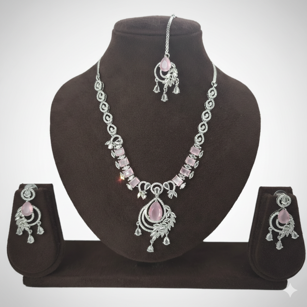 Royal Rose Pink American Diamond Bridal Necklace Set with Maang Tikka - طقم عقد زفاف فاخر مرصع بالألماس والياقوت الوردي