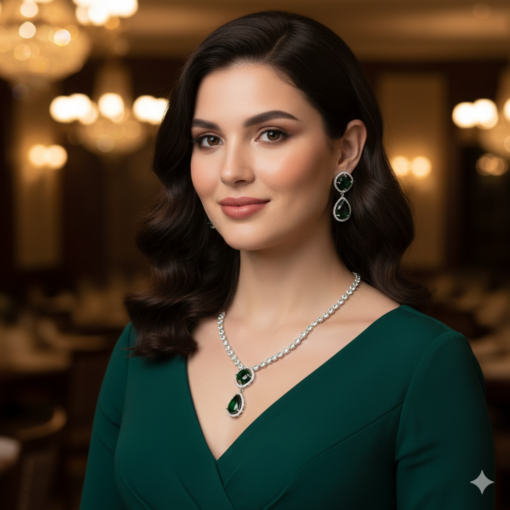 Royal Emerald Green American Diamond Bridal Necklace Set - طقم عقد زفاف فاخر مرصع بالألماس والزمرد الأخضر