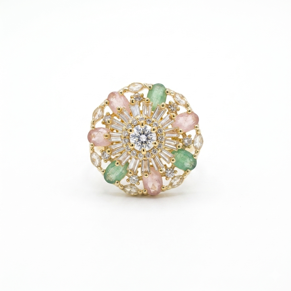 Pastel Floral Crystal Statement Ring for Women | خاتم وردي وأخضر فاخر مرصع بالكريستال للنساء