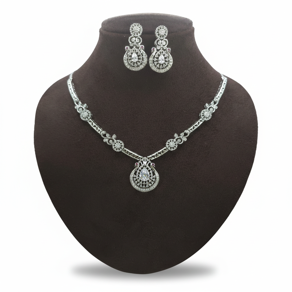 "Celestial Drop" White American Diamond Set - Silver Plated | طقم عقد زركون أبيض وفضي