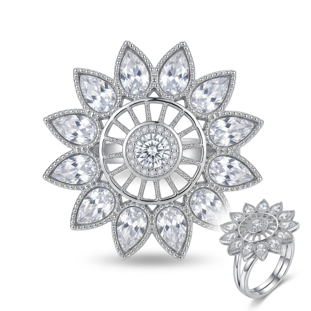 Luxury Floral Crystal Statement Ring for Women | خاتم وردة فاخر مرصع بالكريستال للنساء