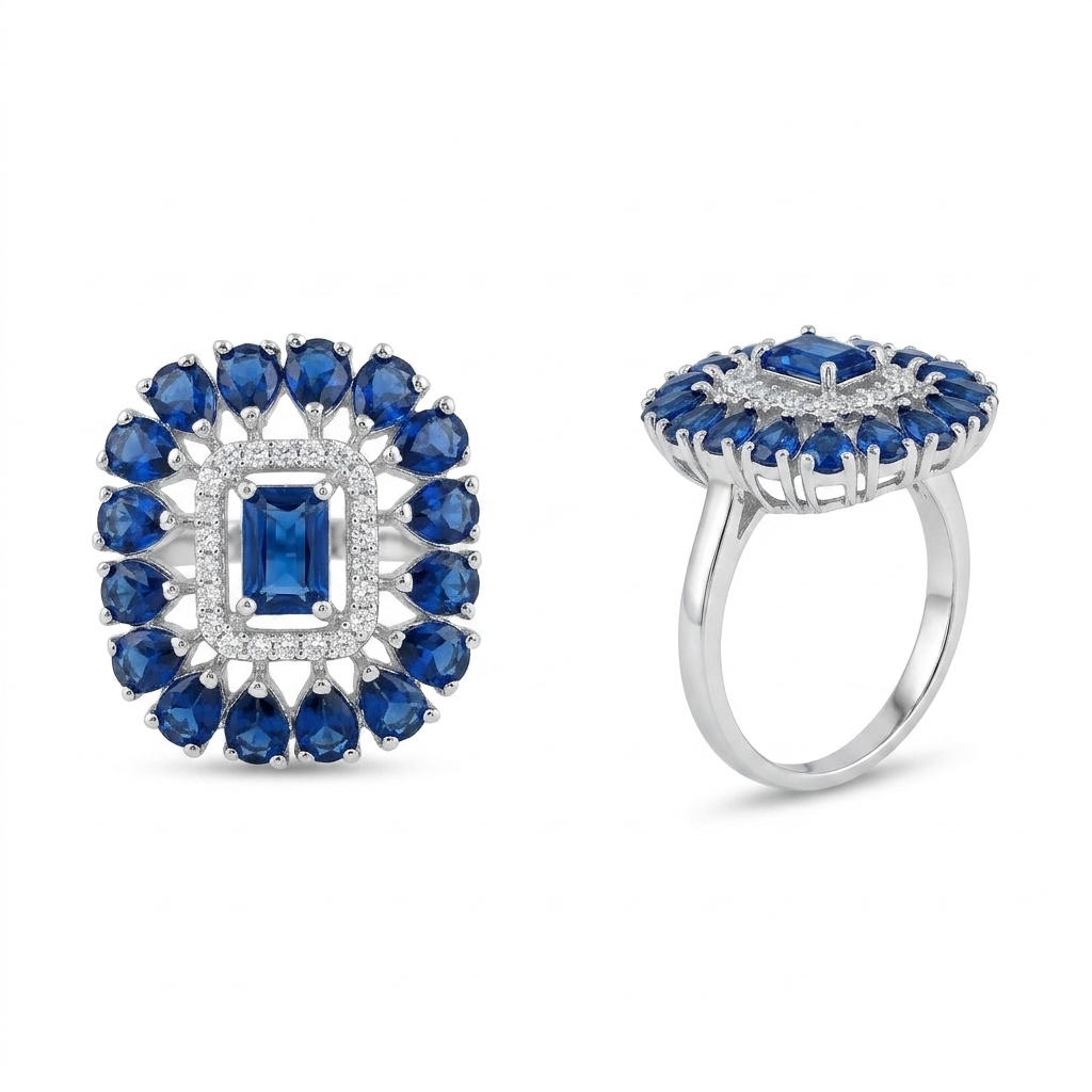 Silver Blue Sapphire CZ Halo Statement Ring for Women | خاتم فضي فاخر بحجر أزرق وتصميم هالة