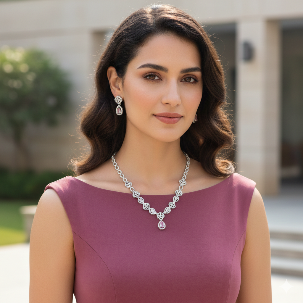 "Rose Quartz" Pastel Pink & Diamond Simulant Necklace Set | طقم عقد زركون وردي وفضي