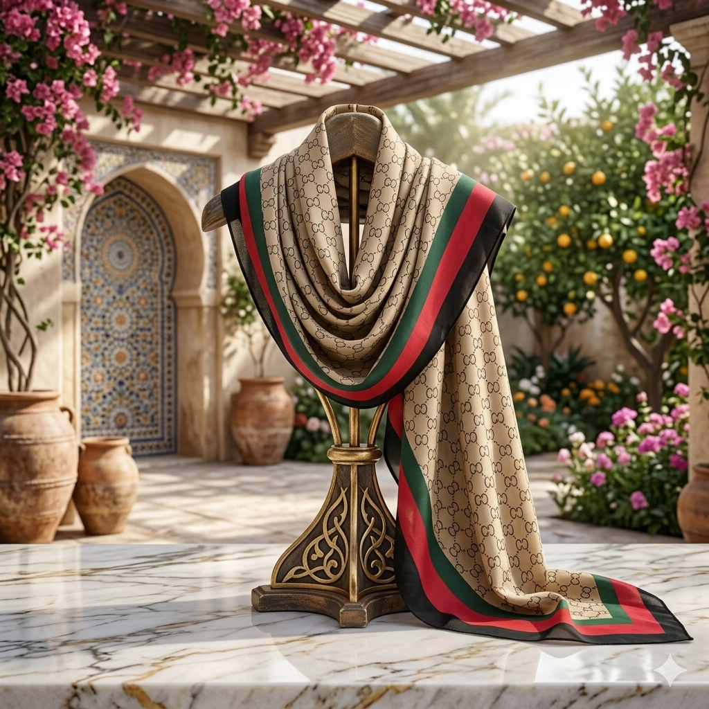 Luxury Monogram Satin Silk Shayla Hijab | شيلة ساتان حرير فاخرة بنقشة مونوغرام أنيقة - Fabric Satin Silk | القماش ساتان حرير