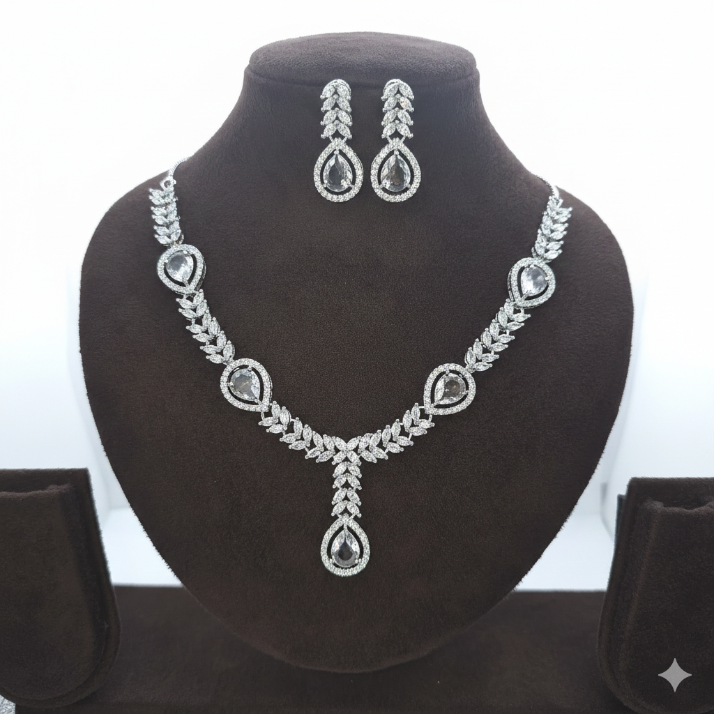Premium American Diamond Bridal Necklace Set - طقم عقد زفاف مرصع بالألماس الأمريكي الفاخر