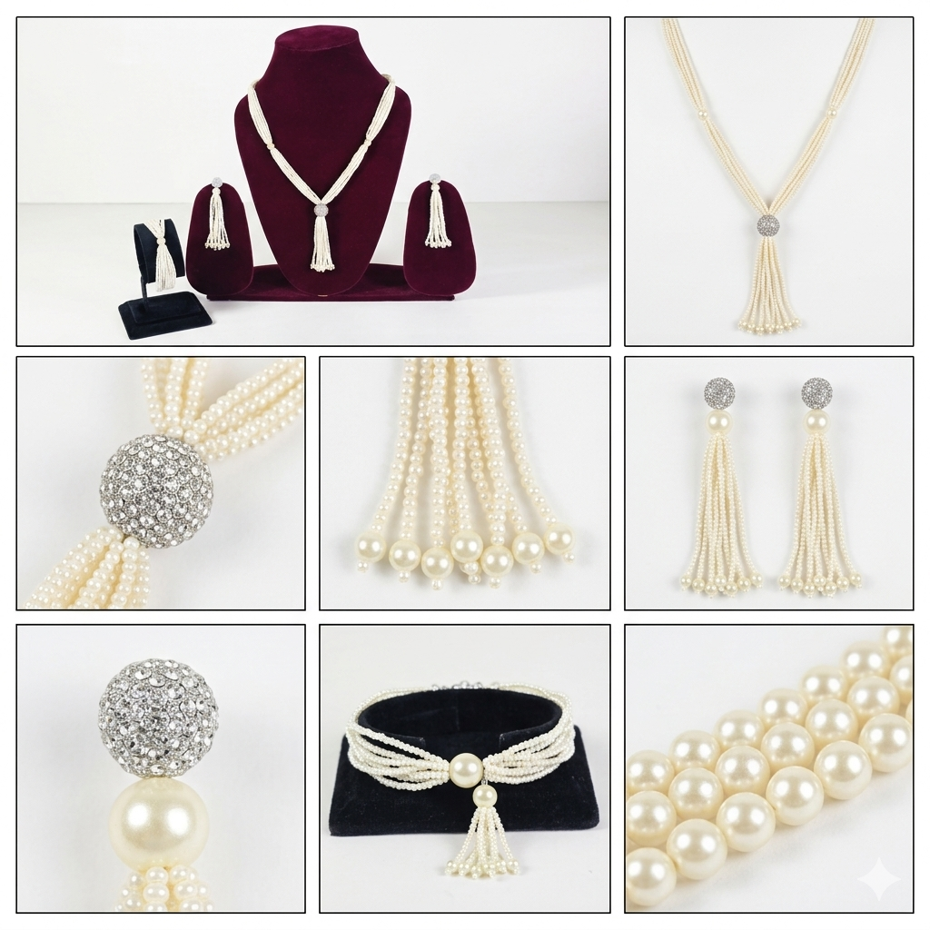 Manruya Elegant Pearl Tassel Jewellery Set with Necklace, Earrings & Bracelet | طقم مجوهرات اللؤلؤ الأنيق من مانرويا مع عقد وأقراط وسوار