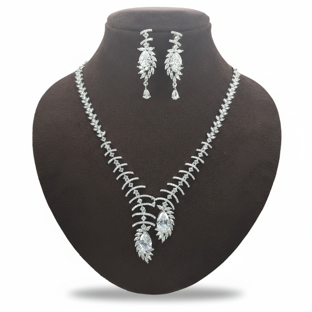Sparkling Zirconia Bridal Necklace & Earring Set - Silver Plated