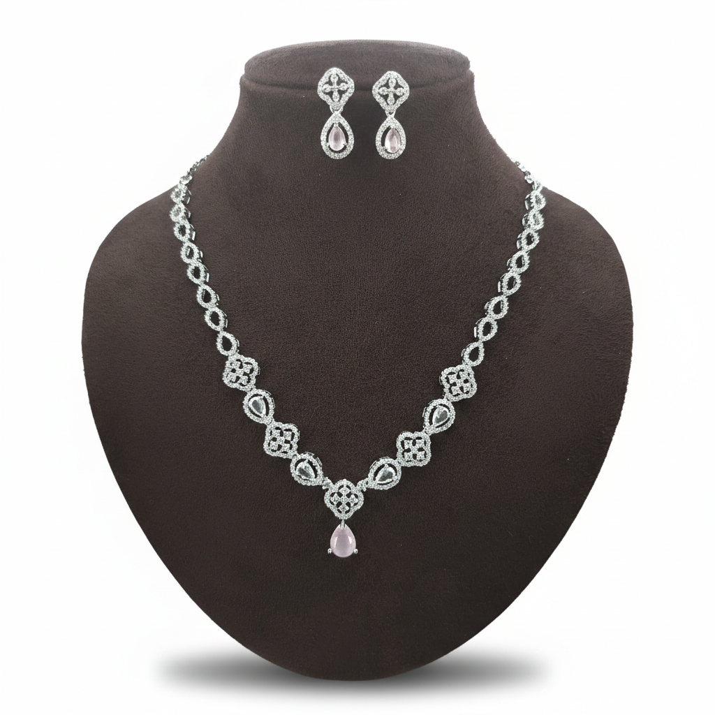 "Rose Quartz" Pastel Pink & Diamond Simulant Necklace Set | طقم عقد زركون وردي وفضي